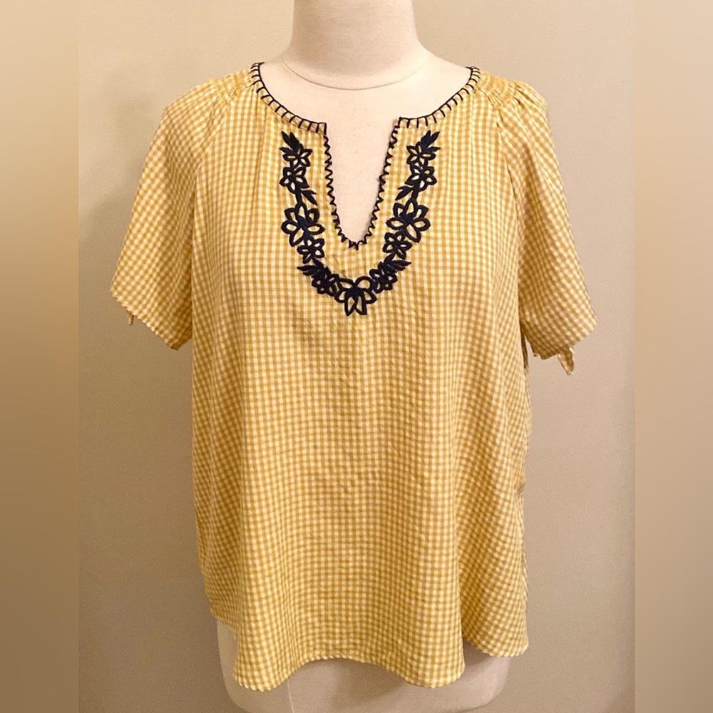 Hem & Thread Yellow White Gingham Blue Floral Embroidery SZ L Southern Charm Top